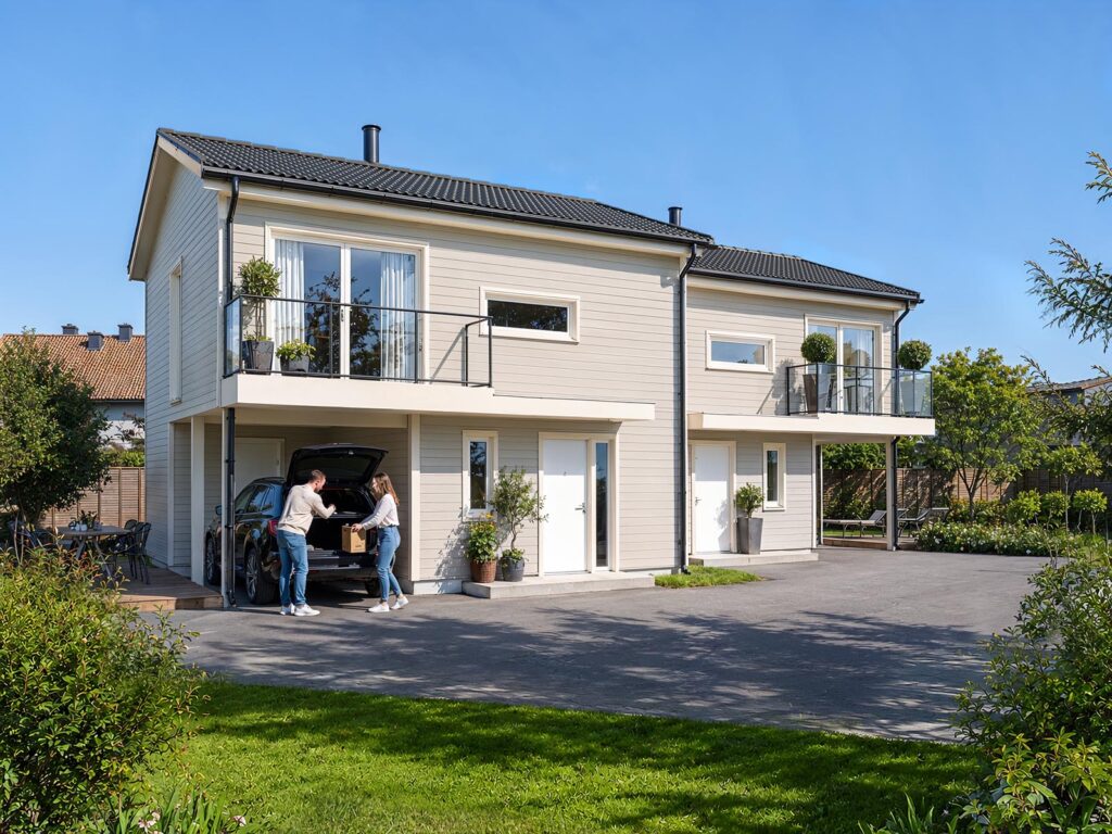 To personer bærer ut esker fra bagasjerommet på en bil som står parkert foran Sveitservillaen på Nordstrand, en moderne, lys toetasjes tomannsbolig med balkonger og potteplanter, på en solrik dag med klar blå himmel.