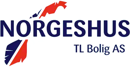 Logo for Norgeshus TL Bolig AS med firmanavnet i fete blå bokstaver, med et stilisert kart over Norge i rødt og blått integrert på venstre side av motivet.