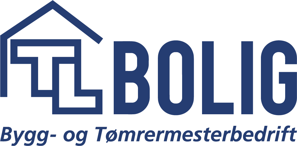 Logo med en stilisert huskontur med bokstavene TL inni, ved siden av ordet «BOLIG» i fet blå skrift. Under står det «Bygg- og Tømrermesterbedrift» med mindre, kursiv blå skrift.